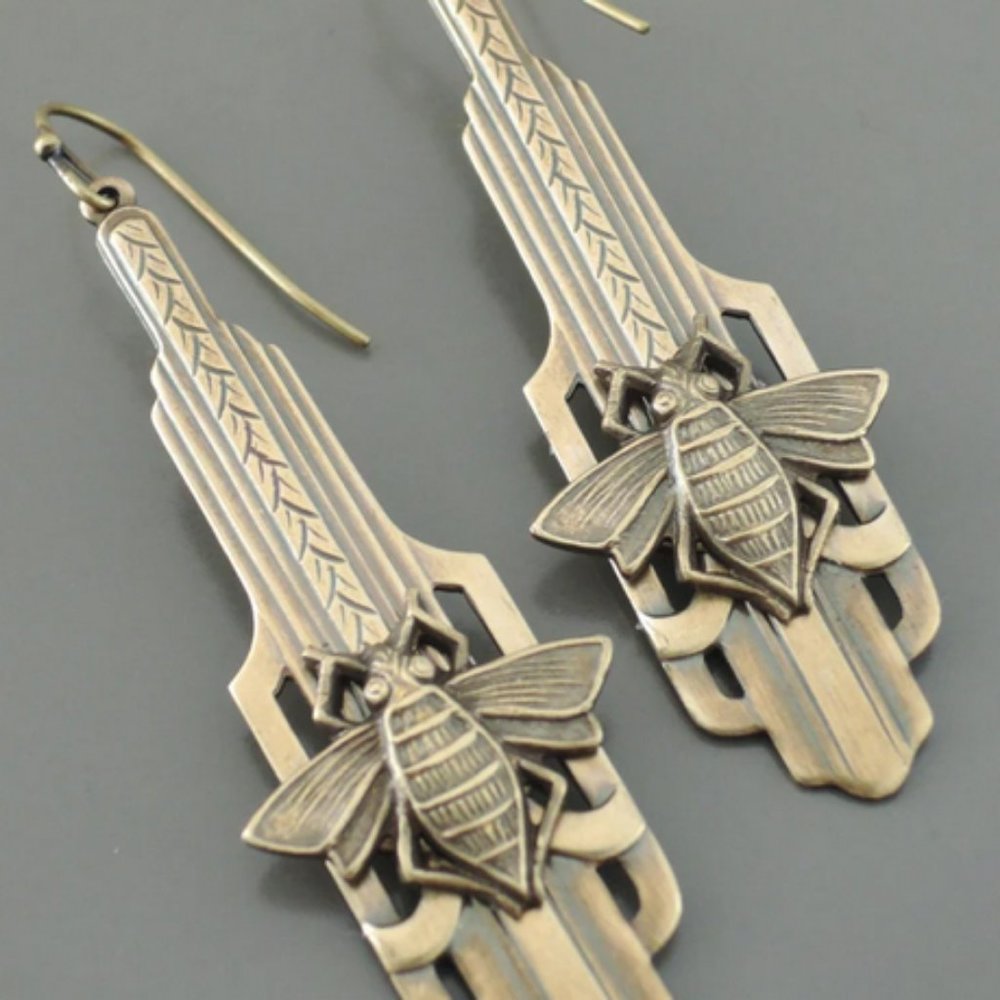 Art Deco Earrings - Brass Bee Earrings- Vintage Earrings - Bee Earrings